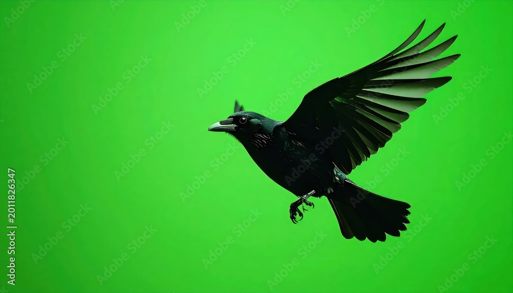 Fototapeta premium Black Crow Flying with Spread Wing Against Bright Green Background