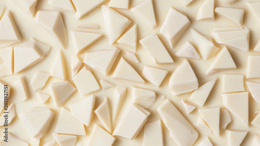 Obraz premium Overhead of scattered irregular white chocolate pieces on a creamy background, forming a sweet, textured pattern. Indulgent dessert. ,Confectionery ,Delicious