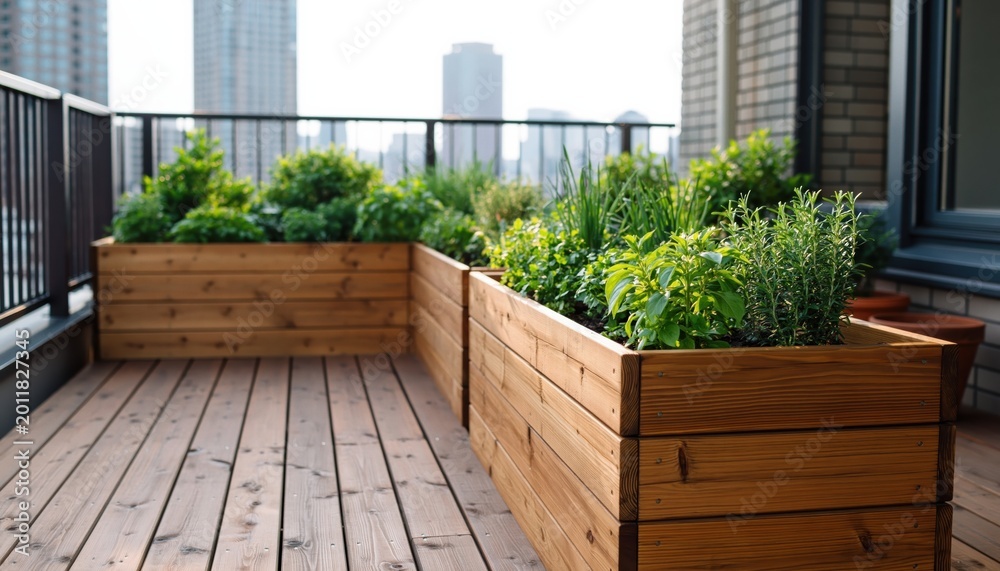 Naklejka premium Urban rooftop garden with wooden planters and green plants overlooking city skyline for sustainable living and green architecture eco friendly