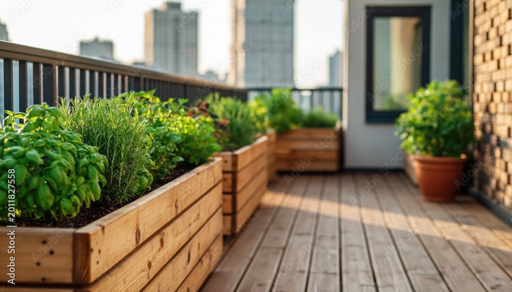 Naklejka premium Urban rooftop garden with wooden planters and vibrant green herbs against city skyline backdrop sustainable living eco friendly healthy lifestyle