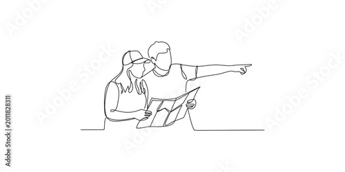 Foto Continuous line drawing of a man and woman in casual clothing looking at a map a