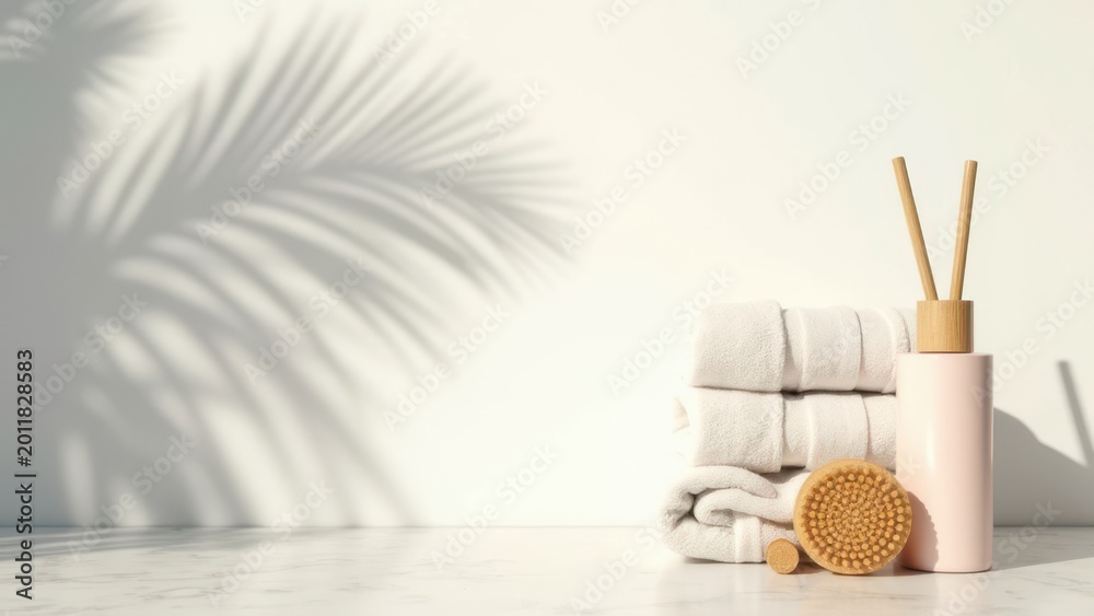 Obraz premium clean bathroom background with palm shadow towels and bamboo brushes beauty product mockup