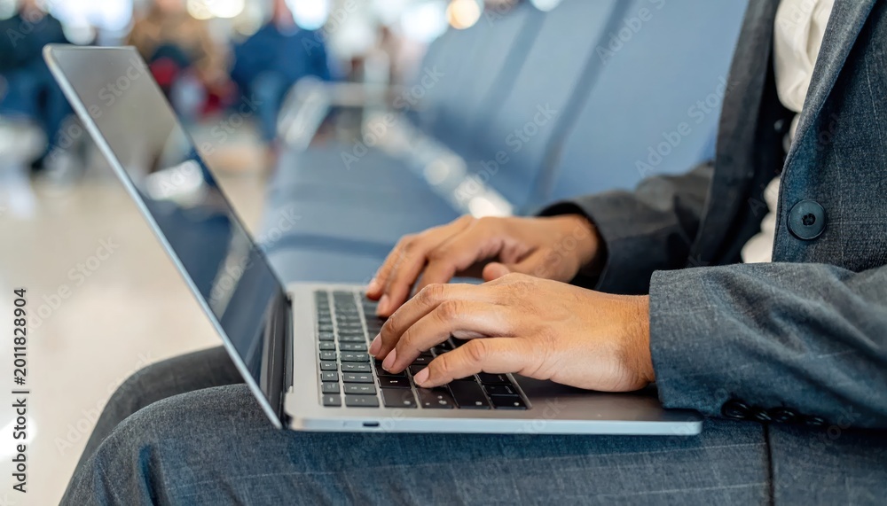 Fototapeta premium Business Traveler Typing on Laptop While Sitting in Airport Waiting Area