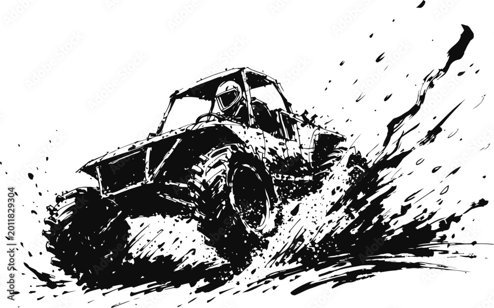 Obraz premium Off road buggy racing through mud splashes, extreme outdoor motorsport action in rugged terrain