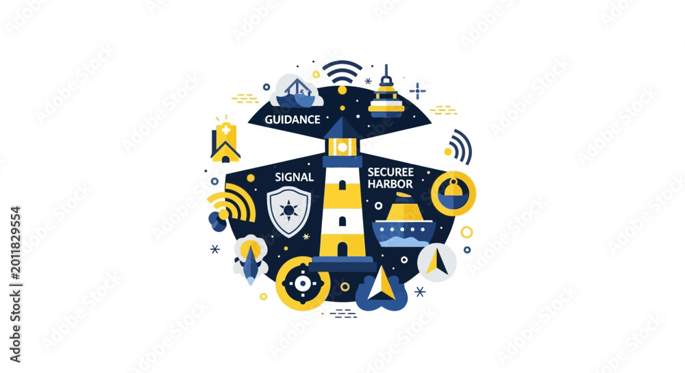 Fototapeta premium Maritime Security and Navigation Technology Illustration - Lighthouse, Guidance, and Secure Harbor Concept
