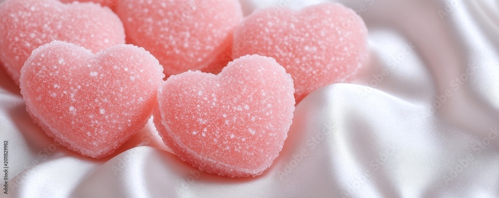 Obraz premium Sweet Love Close-up of charming pink sugar-dusted heart candies elegantly arranged on pristine white satin, embodying romance and delicate affection., Valentine, Sweetheart