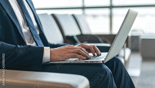Businessperson Typing on Laptop While Sitting in Modern Airport Lounge