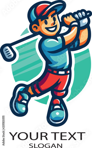 Cartoon golf player mascot character in a colorful modern vector logo .