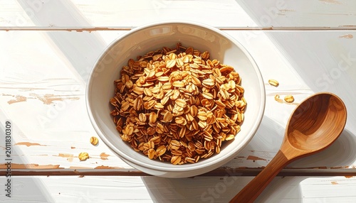 Healthy granola cereal in white bowl with wooden spoon on rustic white table under natural sunlight
