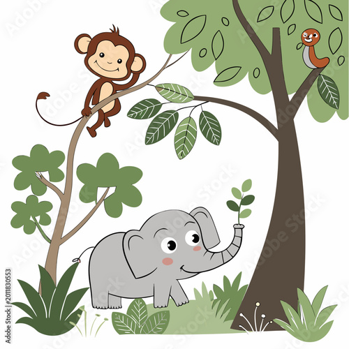 Photography Cartoon jungle scene with elephant monkey and toucan among lush foliage