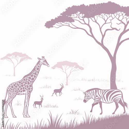 Canvas Print Savanna animals and trees pastel vector illustration with a pink background