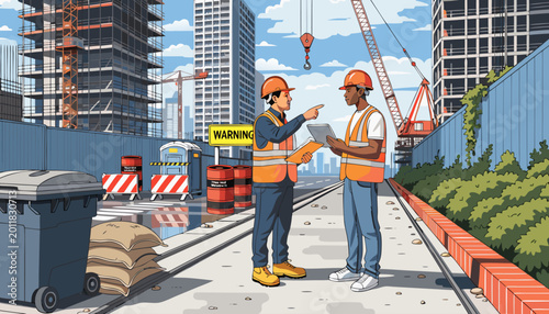 Foto Engineer using laptop with technical drawings, talking with worker at outdoor construction site meeting, back view