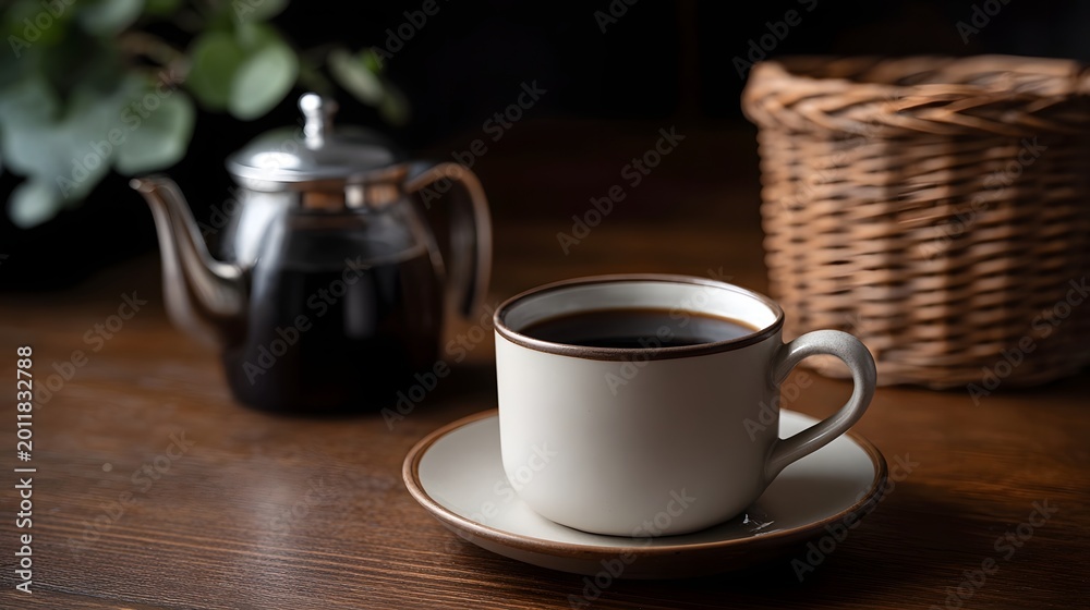 Obraz premium A cozy still life arrangement featuring a cup of dark coffee and a carafe set on a rustic wooden table among natural foliage