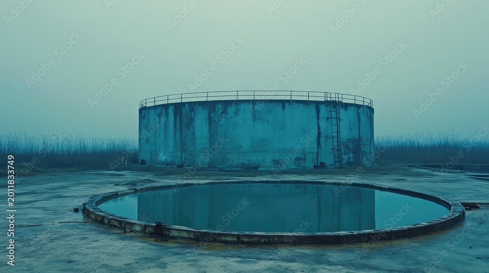 Obraz premium Old, abandoned industrial tank standing on a concrete pad with a circular pool of water reflecting its structure, creating a desolate and atmospheric scene on a foggy day