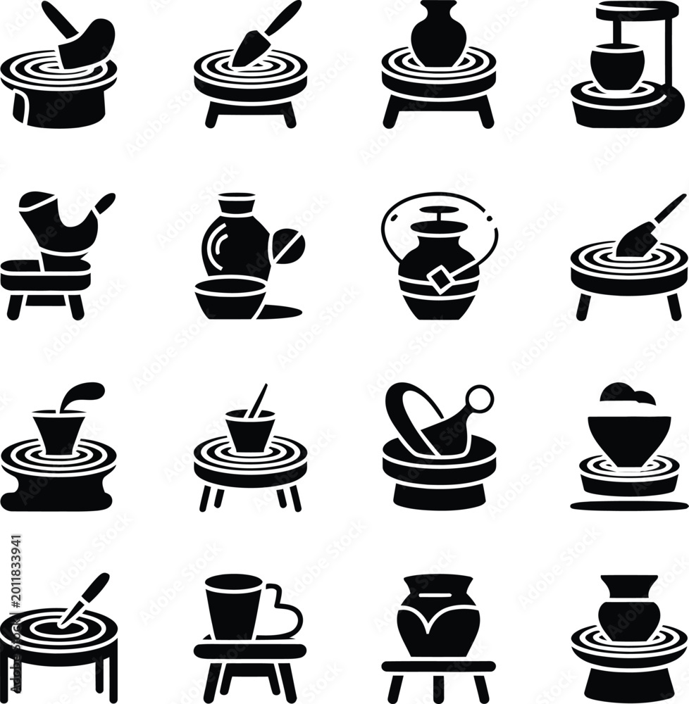 Obraz premium Collection of black pottery making on white background, ceramics craft handmade clay