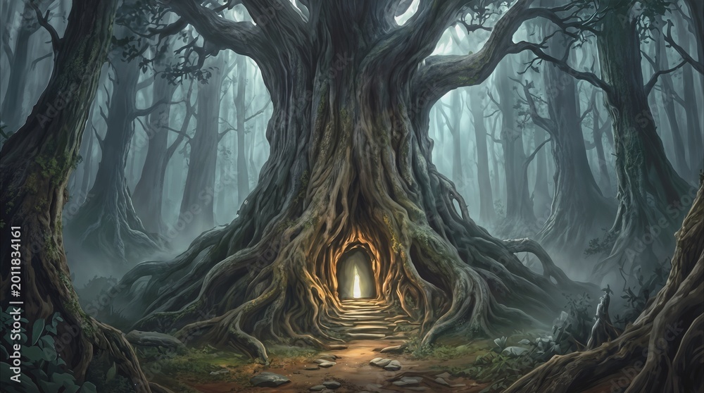 Naklejka premium Giant tree with glowing portal at base in foggy forest. Stone steps lead into a luminous doorway inside gnarled roots. Fantasy landscape concept.