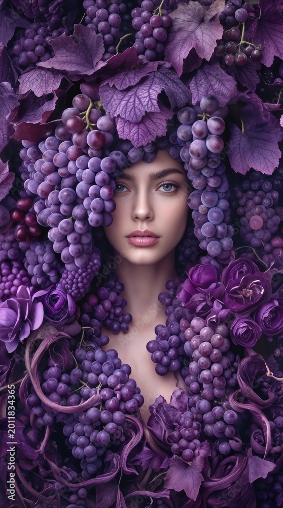 Obraz premium Woman surrounded by purple grapes and vine leaves. Conceptual portrait for viticulture, winemaking, and natural beauty products.