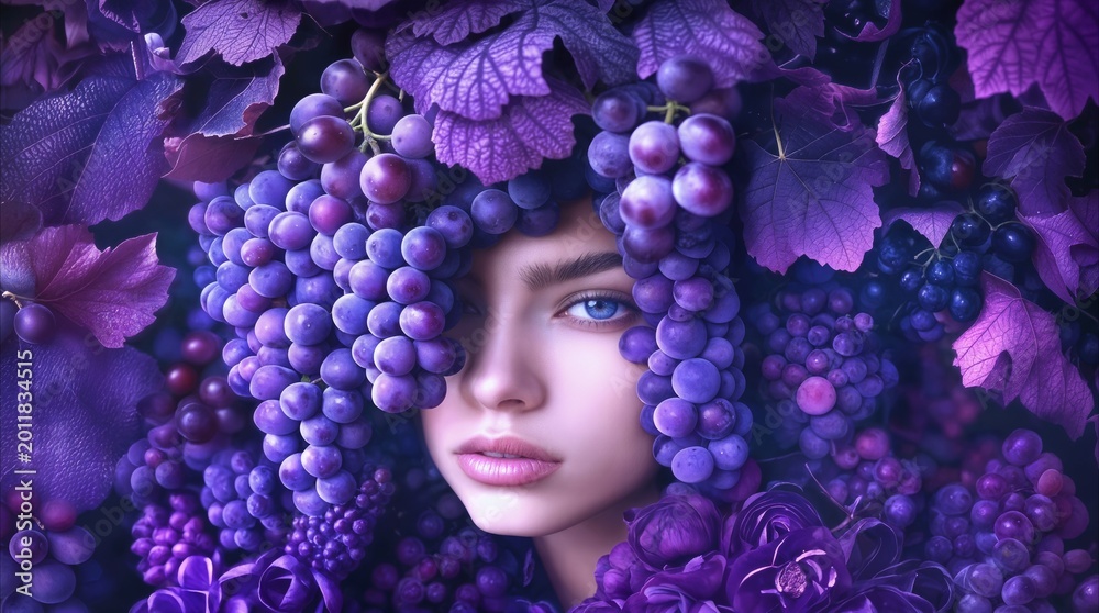 Obraz premium Young woman with blue eyes framed by purple grapes and leaves. Artistic portrait with monochromatic violet color palette.