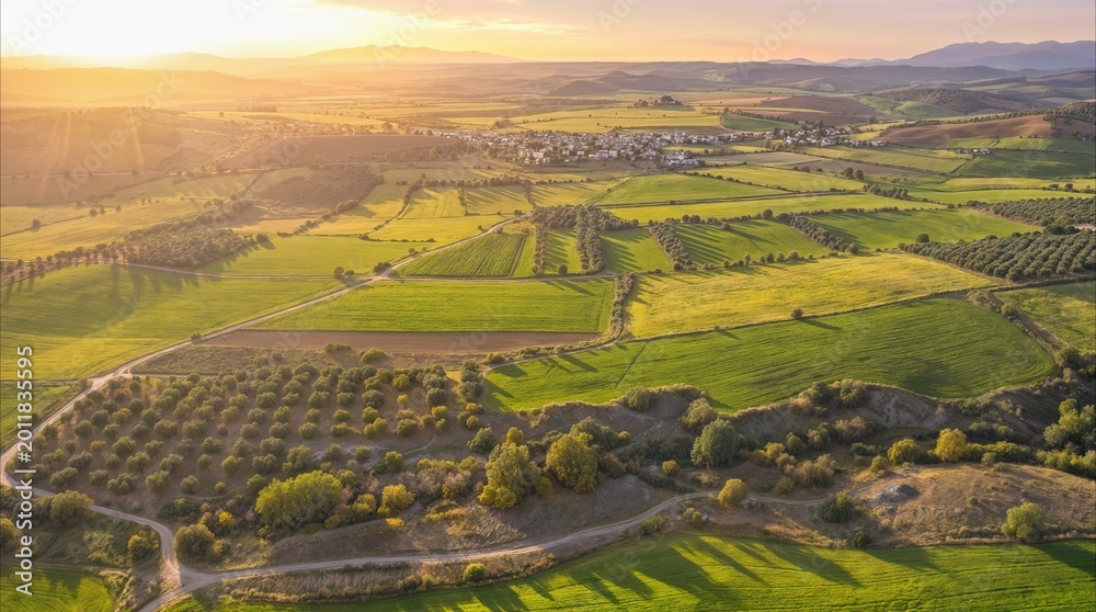 Obraz premium Rolling hills and agricultural fields in Tuscany, Italy at sunset. High angle aerial view of rural landscape with olive groves and vineyards during golden hour.