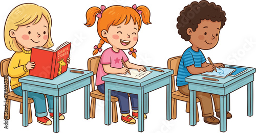 Kids studying in classroom vector illustration with children reading and writing at desks, colorful cartoon education concept for school and learning design