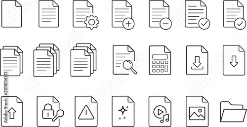 Modern File Management Icon Pack – Outline Documents, Upload, Security & Media Icons