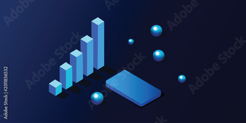Blue 3d isometric bar chart and spheres on dark background