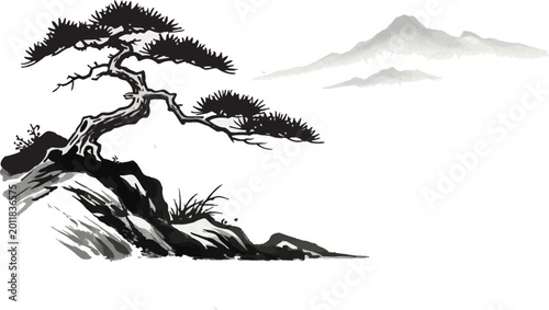 Black and white vector illustration of deer in winter forest with snow falling