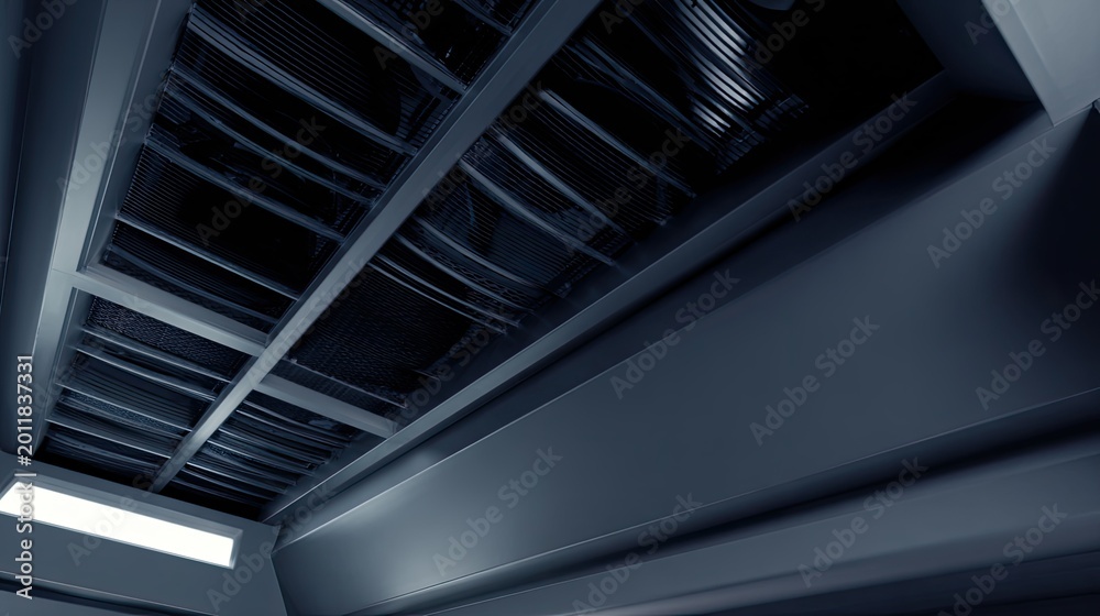 Fototapeta premium Viewing a sleek, dark, and abstract architectural interior featuring a complex ceiling structure with recessed vents and a horizontal light strip, creating a contemporary science fiction aesthetic