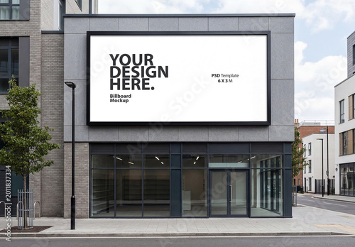 Large horizontal billboard poster Mockup on a concrete wall above storefront