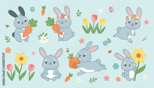 Cute Easter Bunnies and Floral Elements Vector Illustration