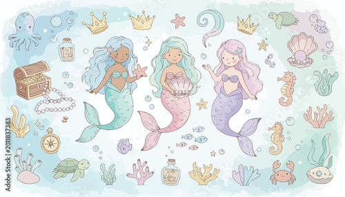 Mermaid Underwater Scene Watercolor Illustration Clipart Collection