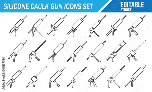 Photos Construction caulking gun icons set with editable stroke outline symbols