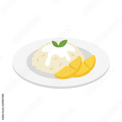 Flat Illustration of Thai Mango Sticky Rice Dessert with Coconut Milk Garnish on a Plate Isolated on White Background