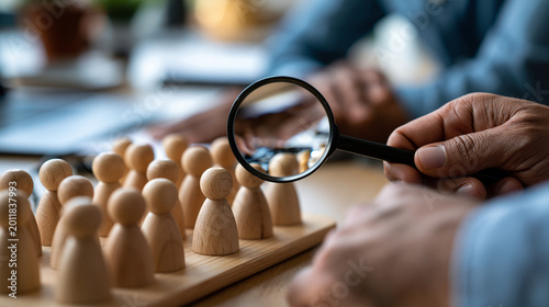 Hands magnifying group of wooden figurines representing employee recruitment and selection process talent search with HR management magnification concept and candidate