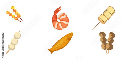 Принти на полотні Delicious Asian street food illustrations including fried fish, shrimp, and vari