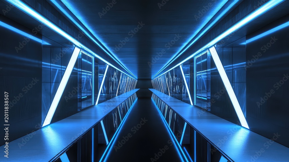 Fototapeta premium Futuristic empty long corridor with glowing blue neon lights and reflective surfaces, creating a sterile and technological atmosphere for modern design