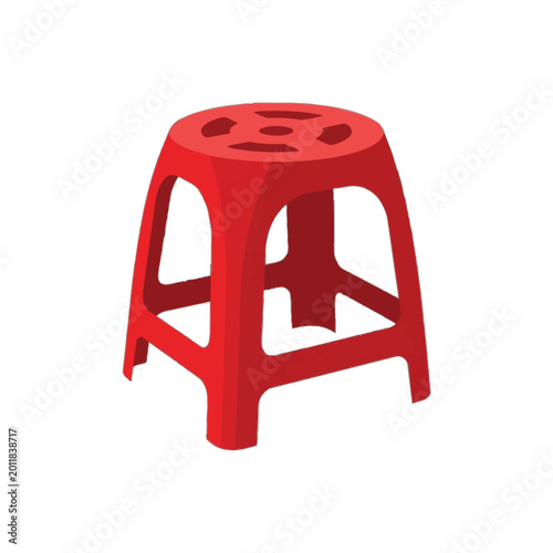 Red plastic stool icon isolated on white background. Realistic 3D illustration of a common stackable small chair used in street food stalls, markets, and home settings.