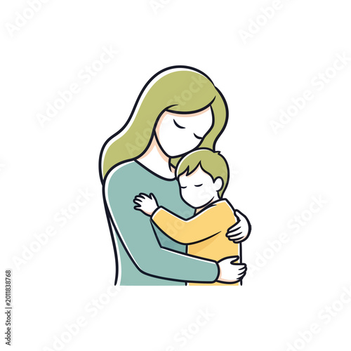 Mother hugging and comforting sad child in green dress