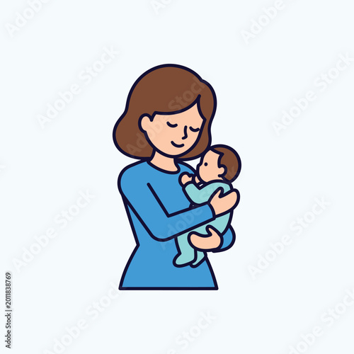 Mother holding baby in blue dress smiling