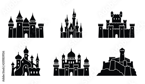 Fantasy Castle Icons, Medieval Fortress Silhouettes, Royal Palace Vector Set, Fairytale Architecture Graphics