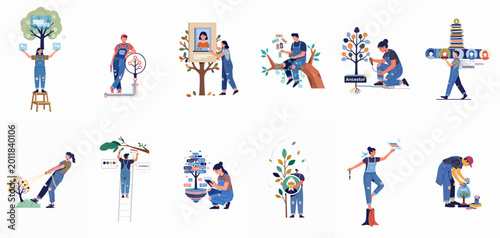 Fotografía A collection of flat illustrations depicting people managing family trees, digital archives, and data structures through metaphorical tree-related activities