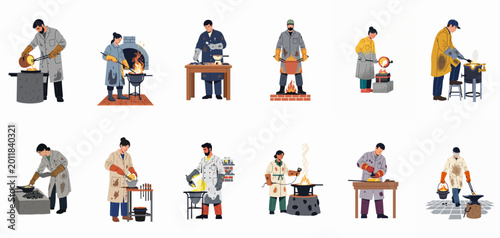 Tableau sur toile Collection of diverse foundry workers and blacksmiths in protective gear melting, pouring, and shaping molten metal in various workshop scenes