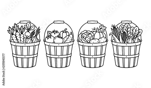 Foto Minimal vegetable basket icon set with black and white farm produce line art vec