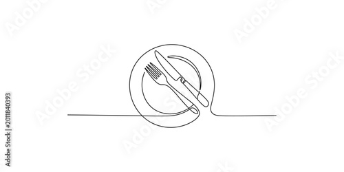 Canvastavla Simple line drawing of a plate with a fork and knife crossed on top