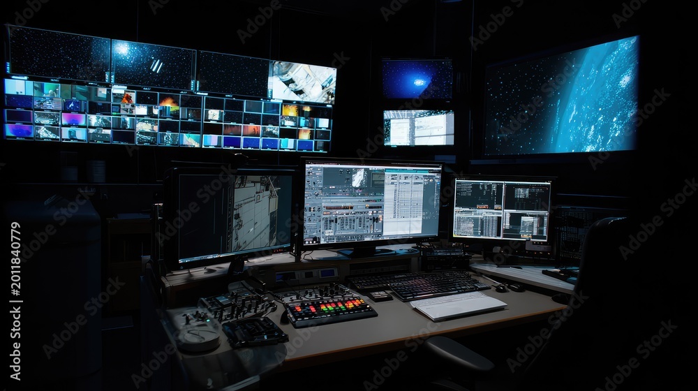 Fototapeta premium Modern control center with multiple computer monitors displaying space mission data, earth views from orbit, and complex technical interfaces in a dark, high tech environment