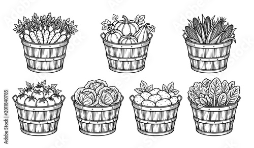 Bild auf Leinwand Bushel basket vegetable line art icon set with farm produce black and white vect