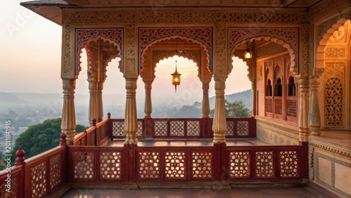Indian pink city Jaipur palace balcony with intricate arches and warm lantern light at sunset overlooking misty landscape