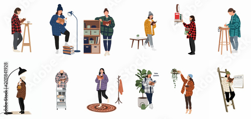 Quadro em tela Set of diverse women in flannel shirts engaged in various activities like studying, organizing, and working from home, isolated on white background
