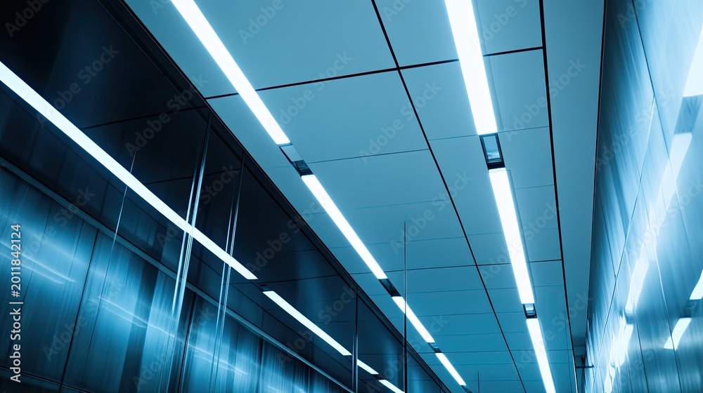 Fototapeta premium Contemporary architecture showcasing abstract geometric patterns and bright linear illumination along walls and ceiling, creating a futuristic and technical environment