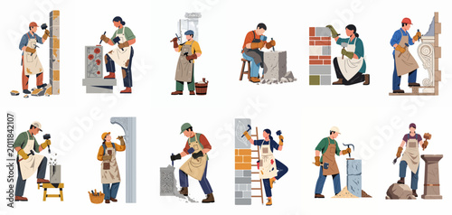 Fotografia Set of professional stonemasons and sculptors working on stone blocks and architectural elements with various tools, flat vector illustration isolated on white
